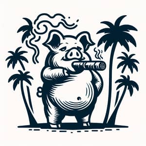 Cartoon Fat Pig Smokes Cigar Next to Tall Palm Trees