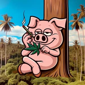 Cartoon Pig Relaxing by Palmeiras Tree