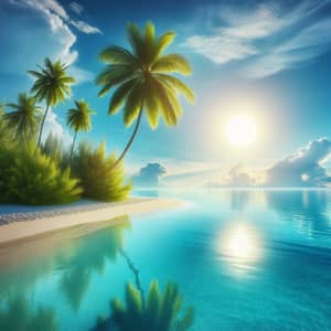Tranquil Beach Scene with Palm Tree and Brilliant Sun