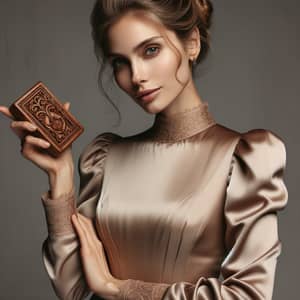 Elegant American Woman with Wooden Carving