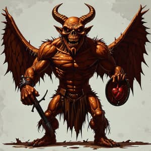 Brown-Orange Zombie Monster with Wings, Horns, Sword & Shield