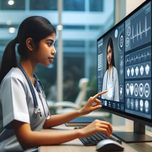 South Asian Female Nurse in Telehealth Session with Virtual Patient Monitoring