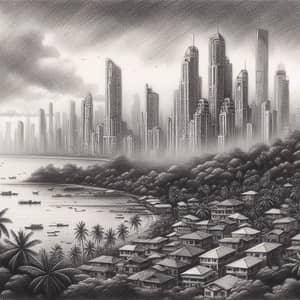 Tropical City Landscape Pencil Drawing