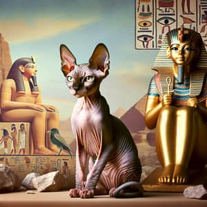 Sphinx Cat Beside Bastet: Ancient Egyptian Deity Statue Scene
