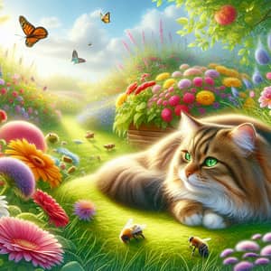 Fluffy Cat Lounging in Vibrant Garden | Serene Afternoon Scene