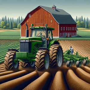 Green Tractor in Vast Field with Red Barn | Farm Equipment Scene