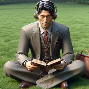 High Resolution Asian Actor Lookalike in Zhongshan Suit Studying Outdoors
