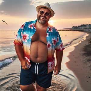 Smiling Heavyweight Man in Hawaiian Shirt at Beach