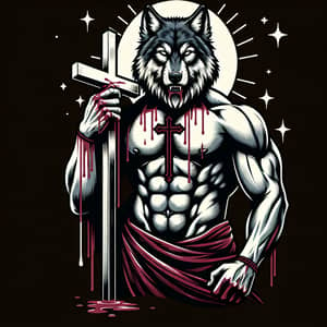 Muscular Wolf-Headed Man Holding Cross with Blood Dripping