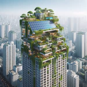 Cozy High-Rise Building with Vegetation and Solar Panels in the City