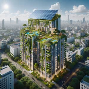 Urban High-Rise Building with Rooftop Garden & Solar Panels