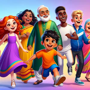 Diverse Cartoon Characters Laughing Together in Vibrant Scene