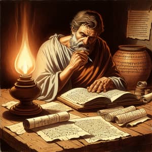 Ancient Greek Philosopher Deep in Research | Rustic Table Scene