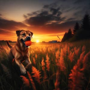 Vibrant Sunset Dog Playing Fetch in Meadow