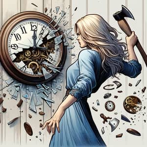 Blonde Woman Breaking Clock - Symbolizing Destruction of Time