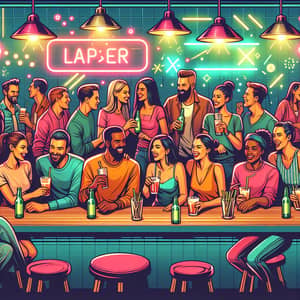 Vibrant Bar Scene: Neon Lights, Diverse Crowd & Colorful Drinks