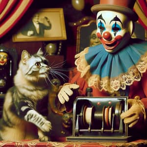 Cat playing with vintage circus clown