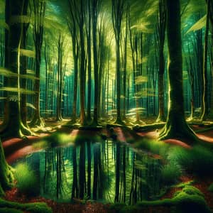 Enchanting Forest Landscape: Lush Trees, Sunlight & Tranquility