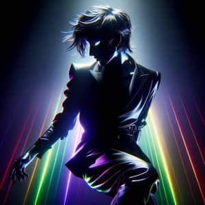 Cool Dark Neon Idol on Stage with Black Hair and Rainbow Accents