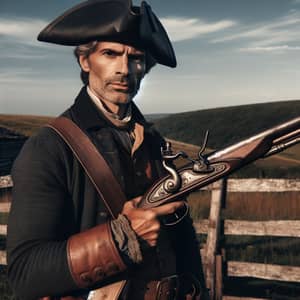 Historical Caucasian Man with Blunderbuss in Rustic Countryside