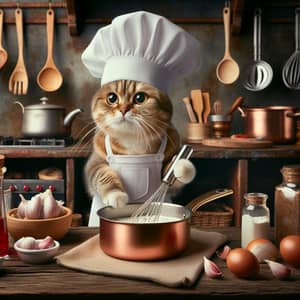 Adorable Cat Chef Creating Culinary Masterpiece in Rustic Kitchen
