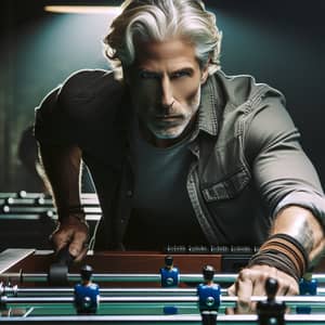 Intensely Aggressive Caucasian Man Playing Foosball