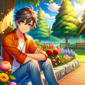 Anime Boy Sitting in a Peaceful Park