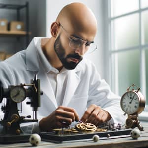 Hispanic Clockmaker in White Lab Coat | Expert Clock Repair