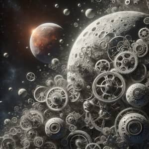 Cosmic Gears & Moon: Surreal Space Scenery