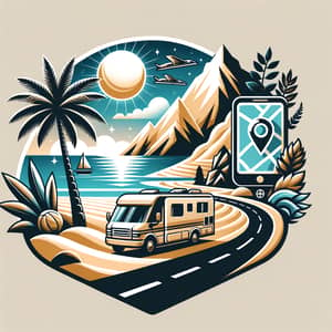 Elegant Travel Logo: Palm Tree, Sea, Mountain, Sun, Motorhome