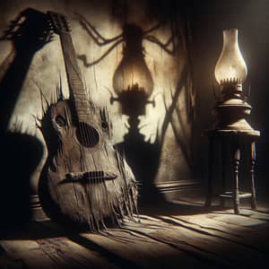 Spooky Guitar Scene: Eerie, Shadowy Aura with Distorted Shadows
