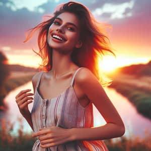 Radiant Woman in Sunset Landscape | Tranquil River Scene