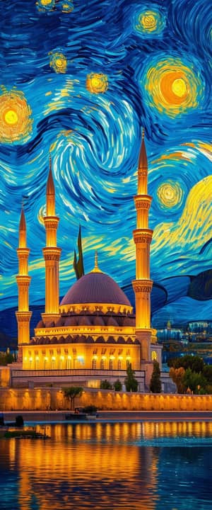 Beautiful Mosque in Van Gogh Starry Night Style