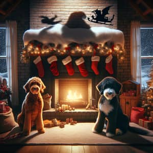 Winter Christmas Scene with Goldendoodle and Sheepadoodle by Fireplace