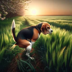 Tranquil Beagle Relieving Itself in Vast Green Field