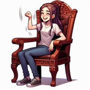 Cartoon Style Teenage Girl Laughing Out Loud in Mahogany Chair