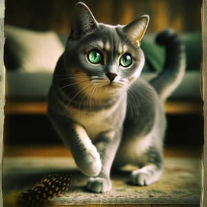 Elegant Cat Pouncing on Feathered Toy - Stunning Green Eyes