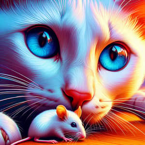 Vibrant Digital Painting of White Cat with Blue Eyes Holding Mouse