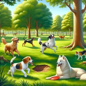 Tranquil Park Scene with Playful Dogs | Green Oasis Retreat