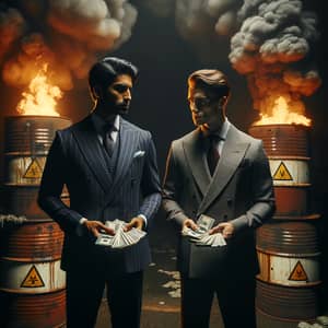 Dark Ambiance: Men in Classic Suits Holding Money Amid Burning Toxic Waste