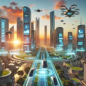 Futuristic City at Sunrise: High-Tech Skyscrapers & Autonomous Vehicles