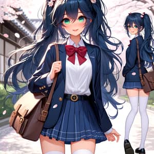 Anime Girl with Dark Blue Hair in School Uniform | Serene Sakura Scene
