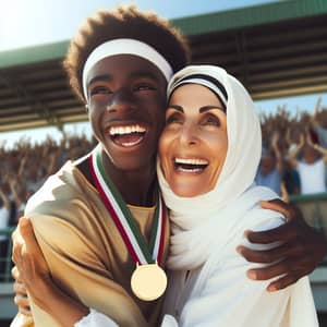 Middle-Eastern Mother Embracing Black Son | Joyful Victory Moment