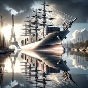 Graceful Container Ship Sailing to Eiffel Tower | Da Vinci Style