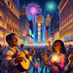 Diverse New Year's Eve Celebration in Vibrant Downtown Scene