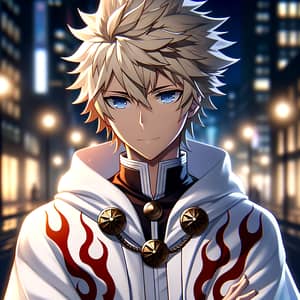 Confident Anime Character with Spiky Blond Hair and Blue Eyes
