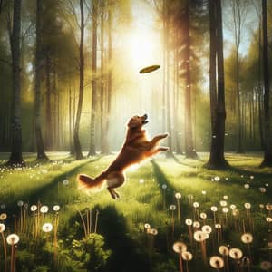 Tranquil Meadow Scene with Energetic Golden Retriever Playing
