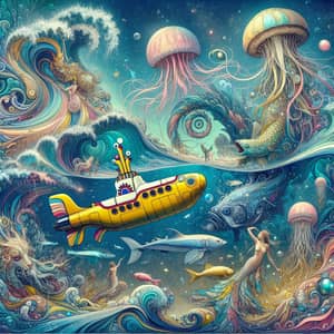 Magical Underwater Scenery with Mermaids and Submarines