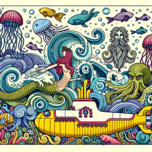 Whimsical Underwater Scene with Mermaids, Neptune, and Submarines