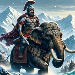 Ancient Military General Riding Elephant Over Snowy Mountains